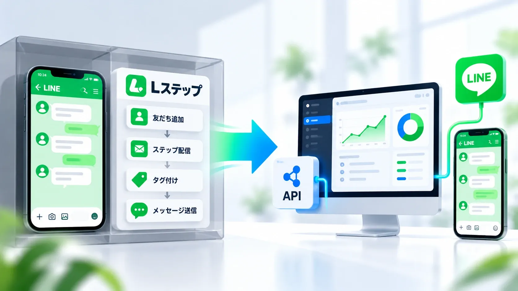 Lステップの友だち追加・ステップ配信・タグ付け・メッセージ送信の流れが、API を介して自社の管理画面へつながる図