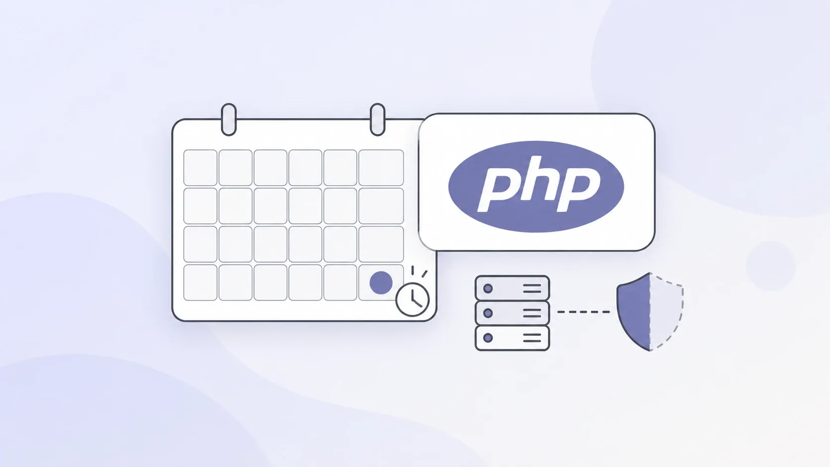 PHP のロゴと、最終日に印の付いたカレンダー、守りが半分消えた盾